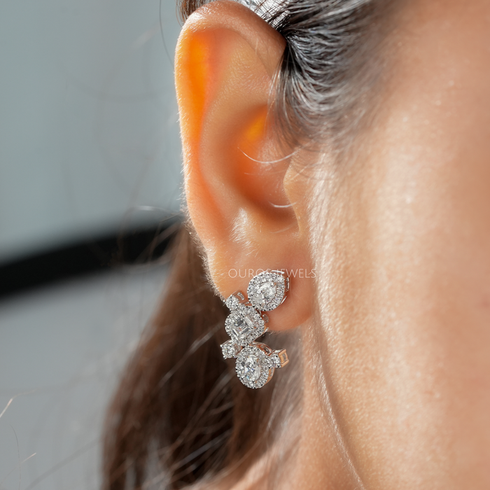 [Multi Shape Halo Diamond Earring in Ear View]-[Ouros Jewels]