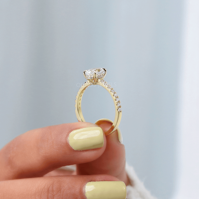 Oval Cut With Round Diamond Accent Stone And Hidden Halo Solitaire Engagement Ring Made With Yellow Gold