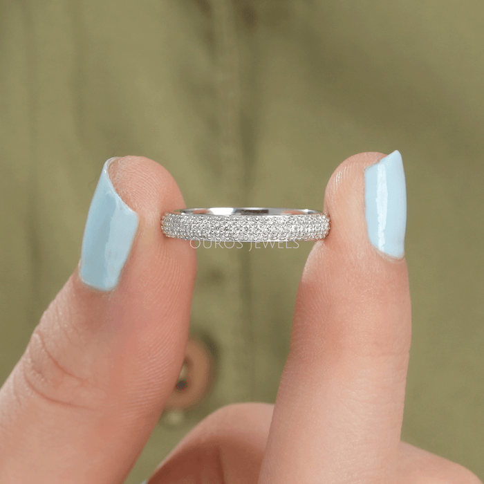 [A Women wearing Pave Set Round Cut Ring]-[Ouros Jewels]