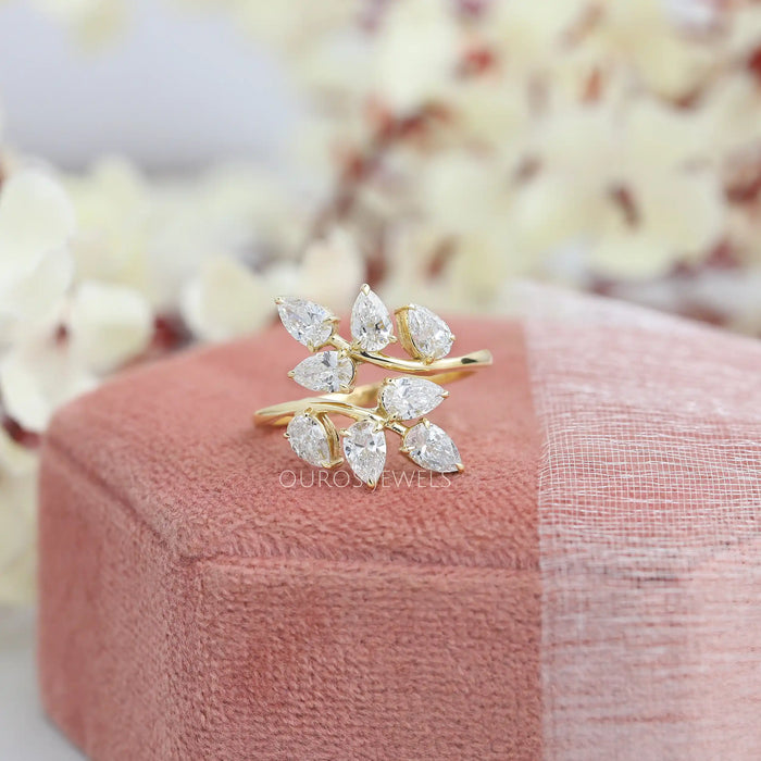 Diamond Pear Cluster Leaf Design Ring