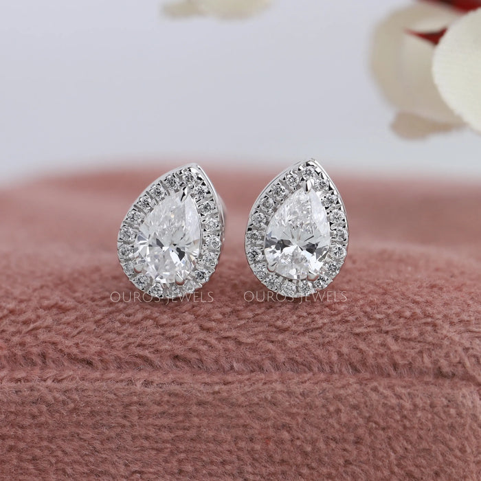 [Front View of Pear Diamond Halo Stud Earrings]-[Ouros Jewels]