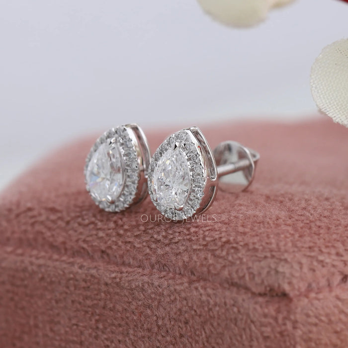 [Side View of Pear Diamond Halo Stud Earringws]-[Ouros Jewels]