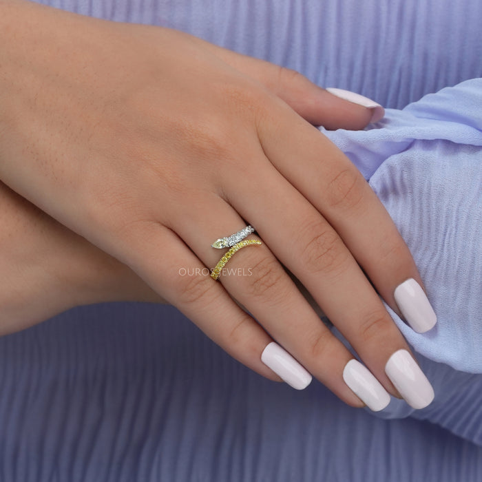 [A Women wearing Yellow Pear Cut Round Diamond Ring]-[Ouros Jewels]
