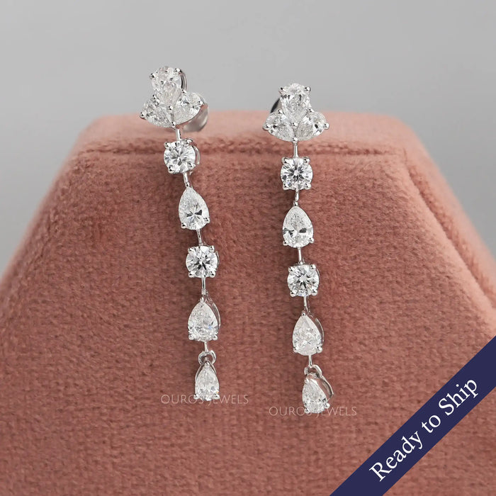 Pear and round cut lab grown diamond drop earrings in 14k solid white gold