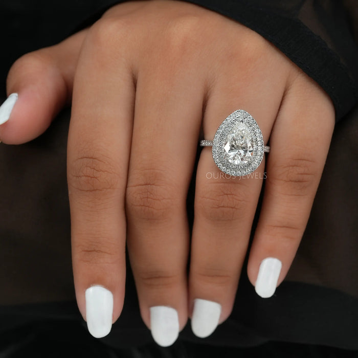 [Pear Cut Diamond Double Halo Ring]-[Ouros Jewels]