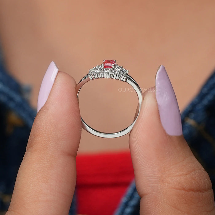 [A Women Holding Pink Emerald Cut Round Diamond Ring]-[Ouros Jewels]