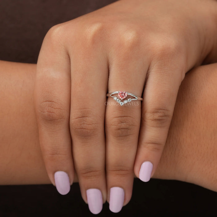 In finger look of pink heart lab created diamond dainty engagement ring