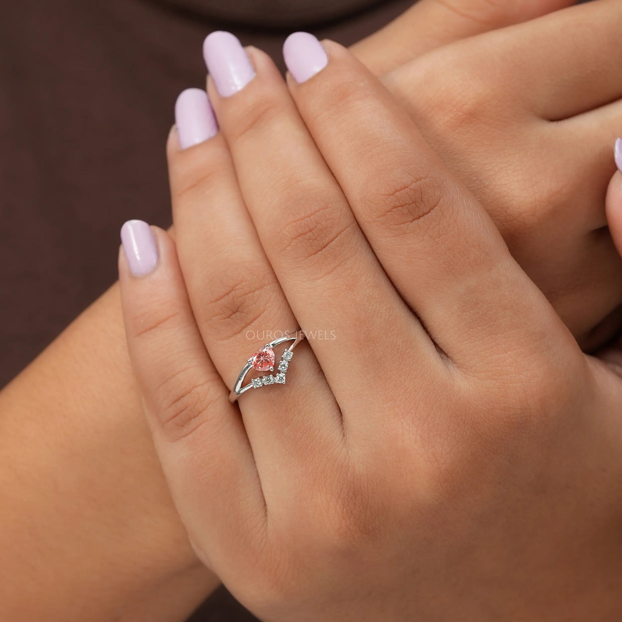 Pink Heart Curved Cluster Diamond Dainty Ring
