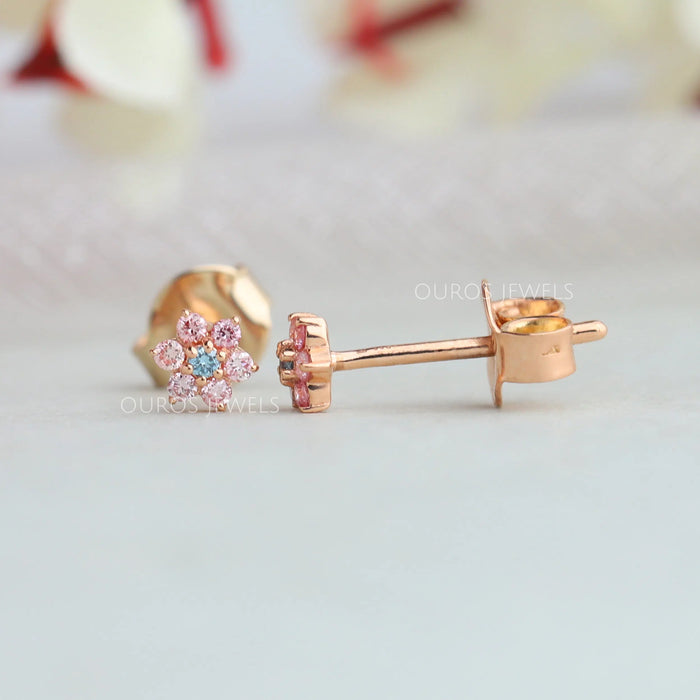 [Side View of Pink and Blue Round Stud Earrings]-[Ouros Jewels]