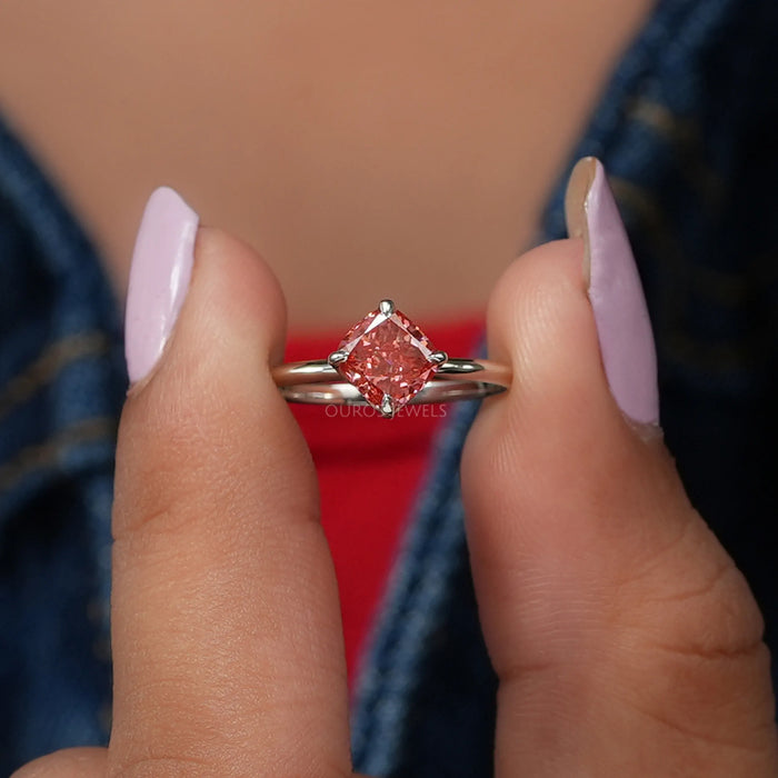 [Brilliant Shine Of Four Prong Set Pink Cushion Cut Diamond Ring]-[Ouros Jewels]