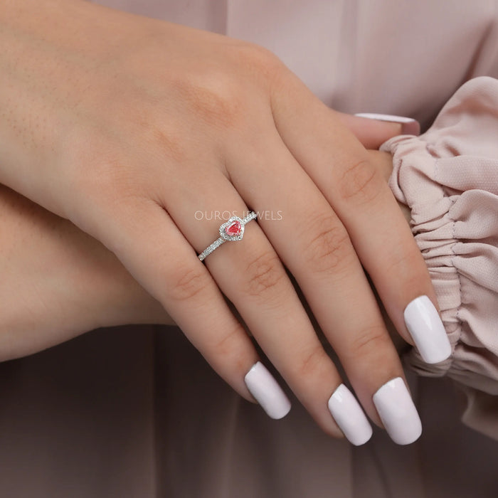 [A Women wearing Heart Diamond Engagement Ring]-[Ouros Jewels]