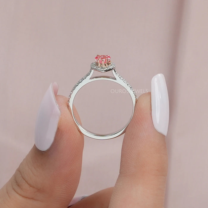 [A Women Holding Halo Diamond Pink Heart Cut Ring]-[Ouros Jewels]