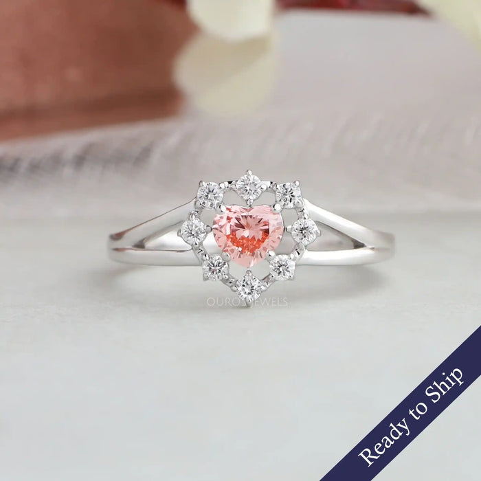 Pink Heart Shaped Lab Grown Diamond  Halo Engagement Ring In 14k White Gold