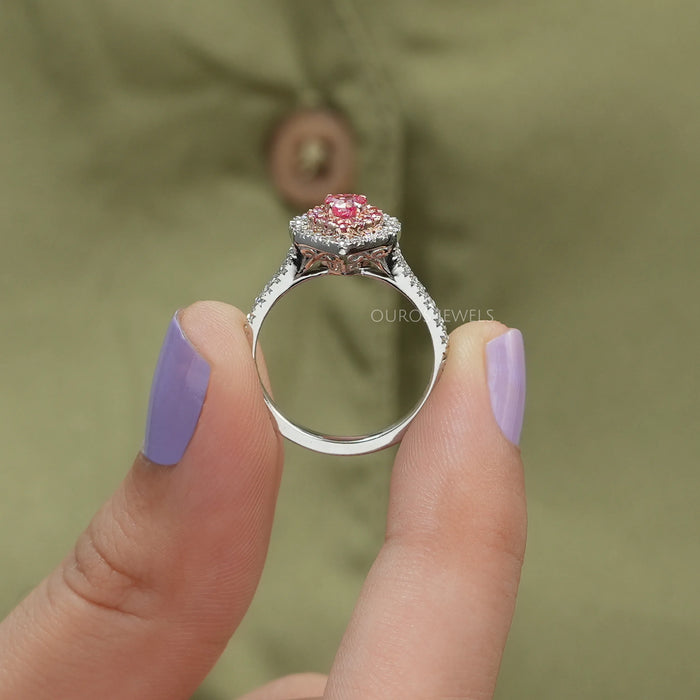 Pink heart cut lab created double halo ring 14k white gold for her