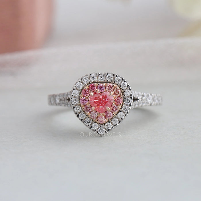 [Fancy Pink Color Heart Shaped Diamond Double Halo Engagement Ring]-[Ouros Jewels]