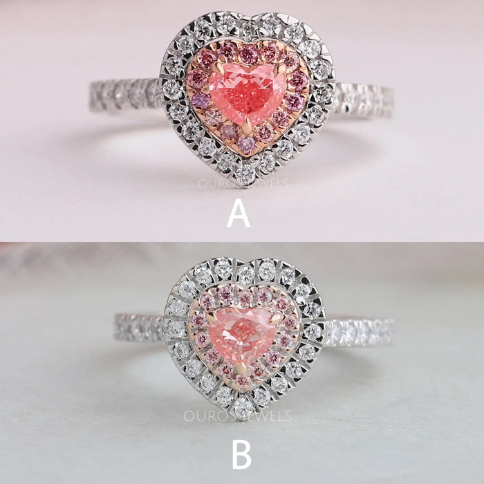 Pink Heart Diamond Double Halo Solitaire Accent Engagement Ring