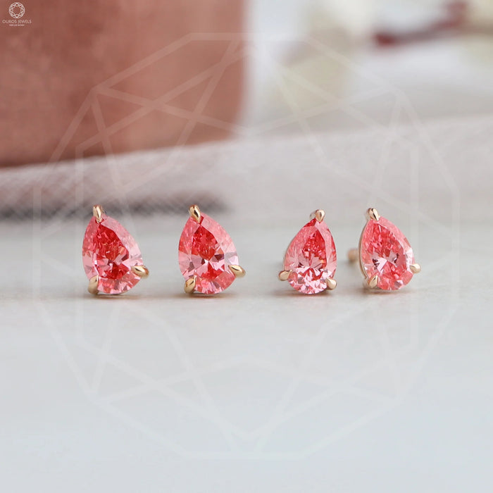 [Front View of Pink Pear Studs]-[Ouros Jewels]