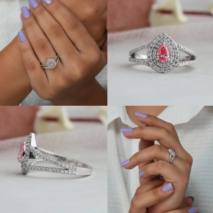 [Collage of Pink Pear Split Shank Engagement Ring]-[Ouros Jewels]
