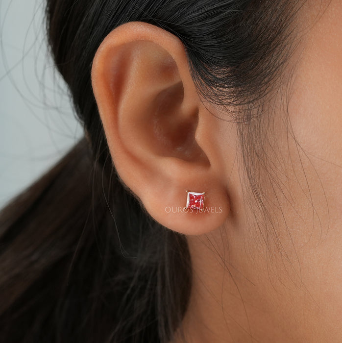 In ear look of pink princess cut lab created diamond solitaire earrings