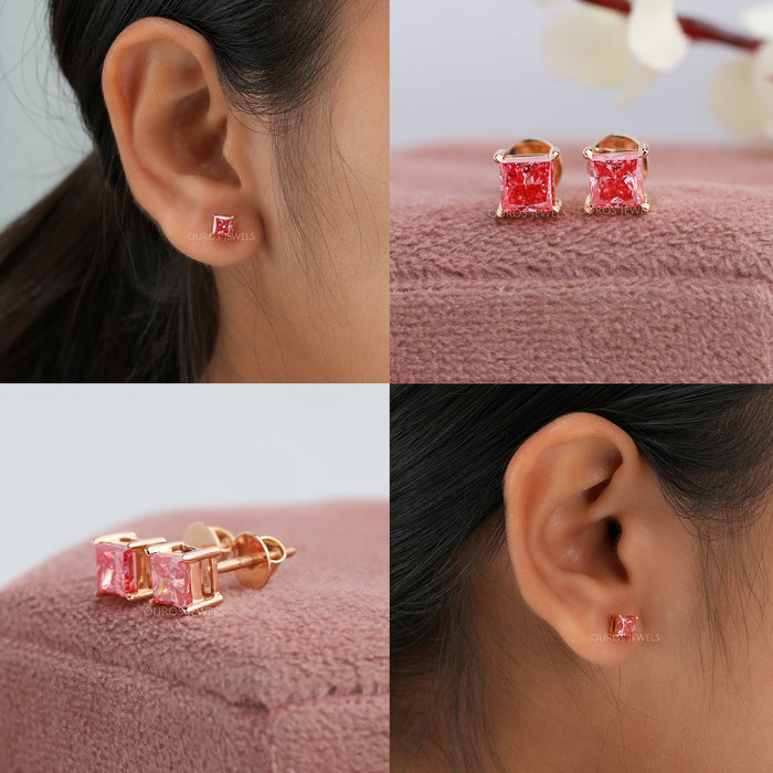 Collage of Princess cut diamond studs, including front view, side view and in ear look
