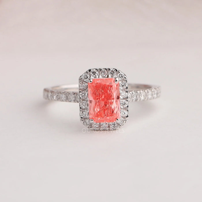 [1 Carat Pink Radiant Cut Lab Diamond With Round Diamond Halo Engagement Ring]-[Ouros Jewels]
