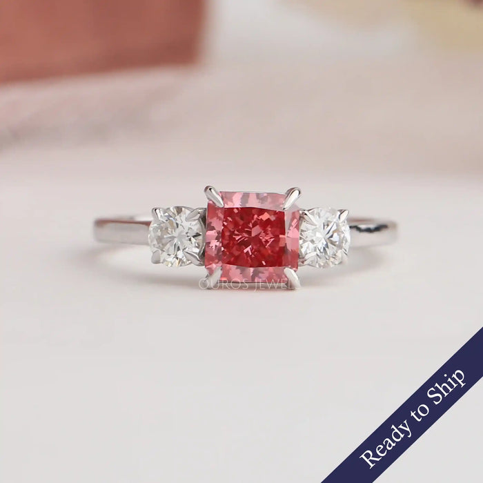 Pink  Radiant Cut Lab Grown Diamond Three-Stone Engagement Ring In 14k White Gold