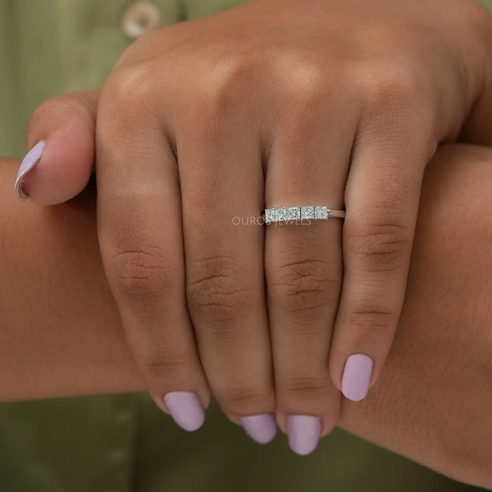 [A Women wearing Princess Cut Five Stone Ring]-[Ouros Jewels]