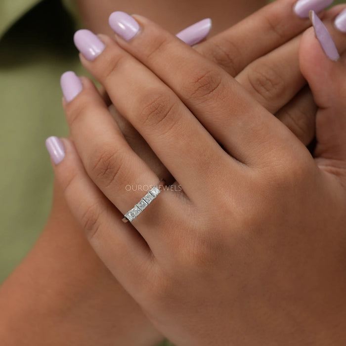 [A Women wearing Five Stone Princess Cut Diamond Ring]-[Ouros Jewels]