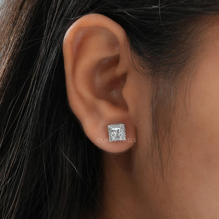 In ear look of princess shaped lab created diamond stud earrings
