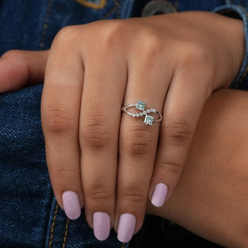 [A Women wearing Princess Cut Lab Diamond Dainty Ring]-[Ouros Jewels]