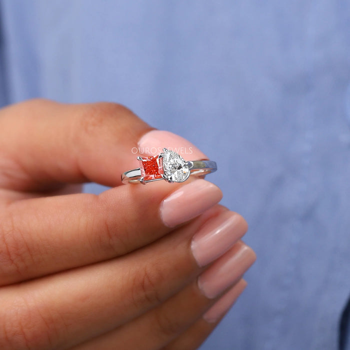 [Lab Grown Princess And Pear Cut Two Stone Engagemnet Ring]-[Ouros Jewels]