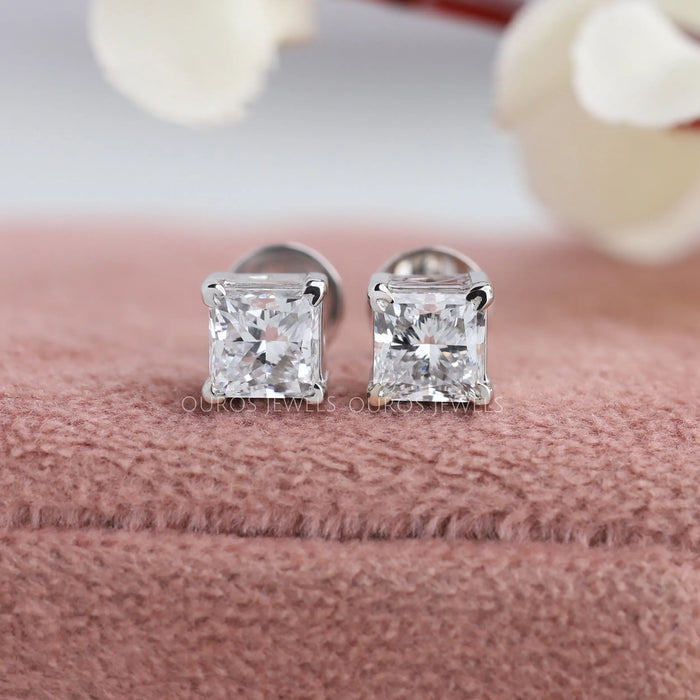 [Front View of Princess Cut Stud Earrings]-[Ouros Jewels]