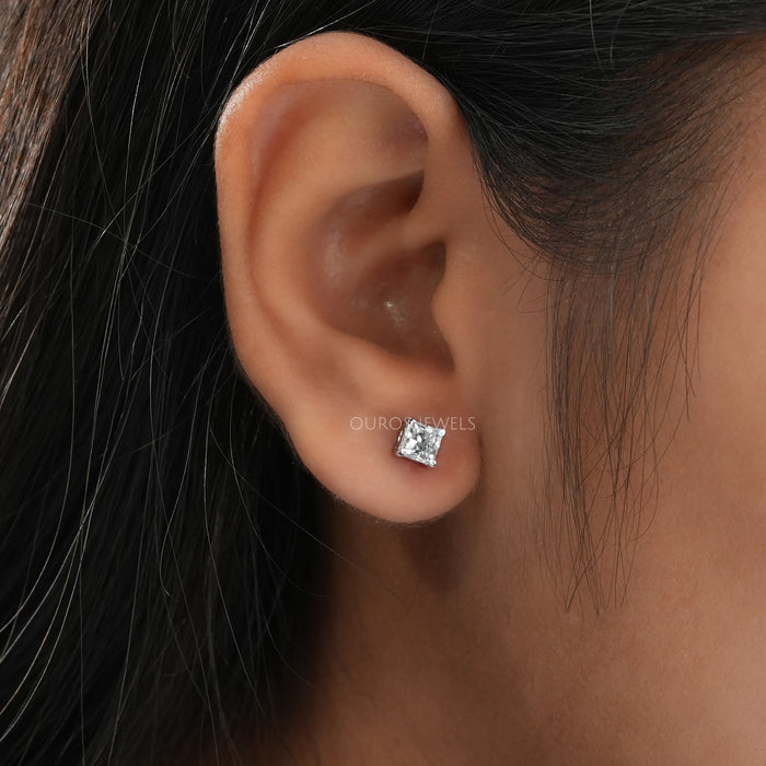 [A Women wearing Princess Cut Lab Diamond Earrings]-[Ouros Jewels]