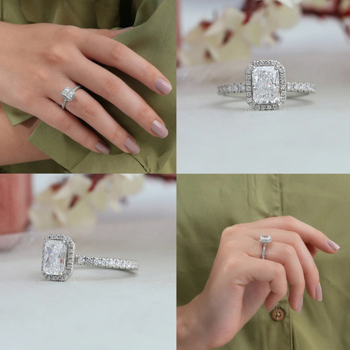 Collage Of radiant cut halo diamond engagement ring with 4 prong setting