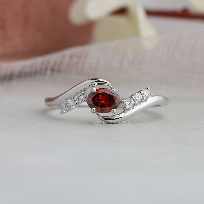 Red oval and round lab made diamond wedding ring in 14k solid white gold