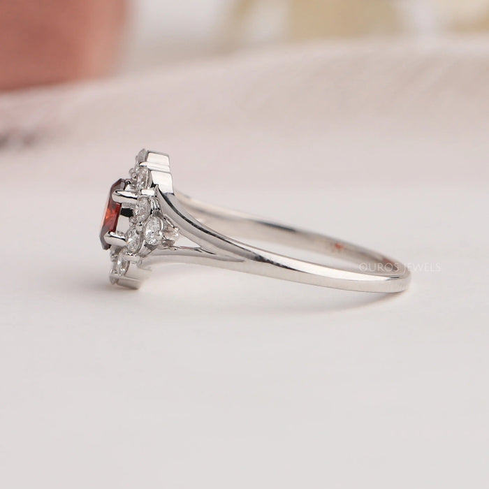 14k solid white gold shank of read oval shaped halo diamond engagement ring