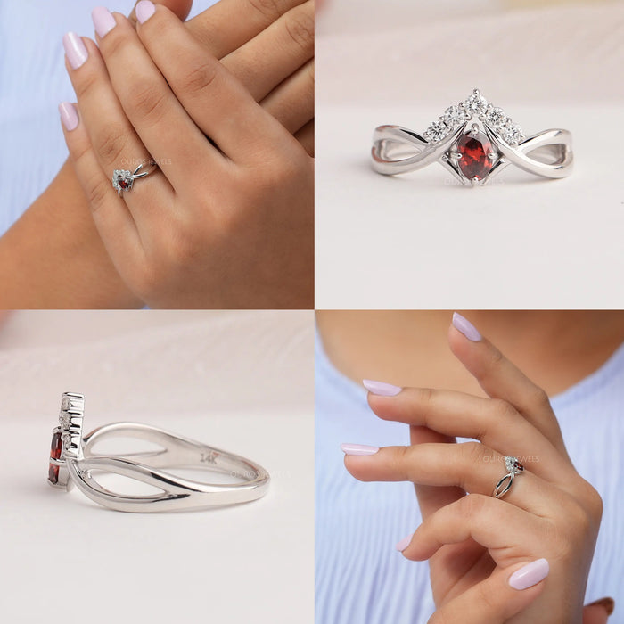Collage of red oval diamond infinity ring, which is creates a glamorous look.