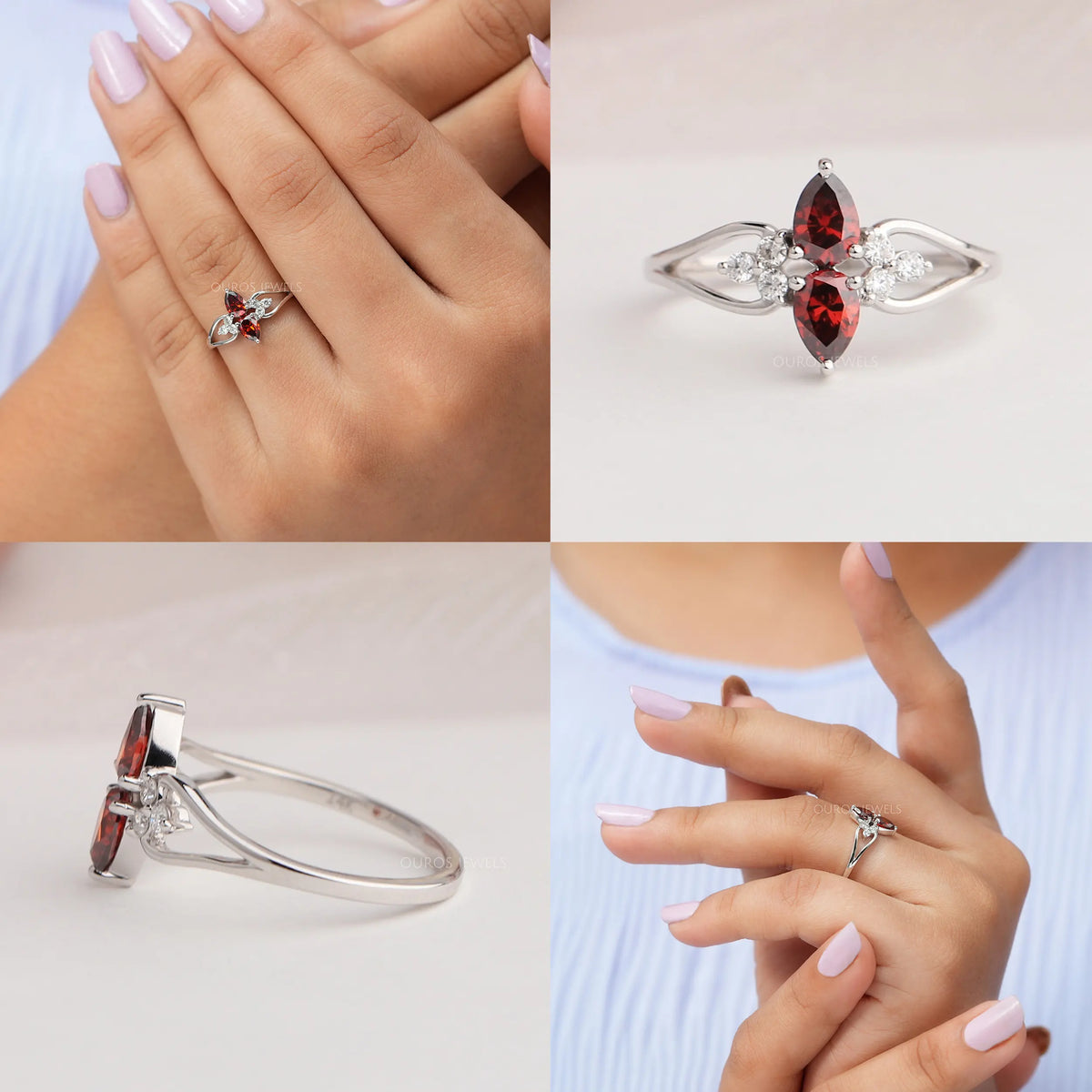 Two Stone Red Pear Diamond Dainty Ring