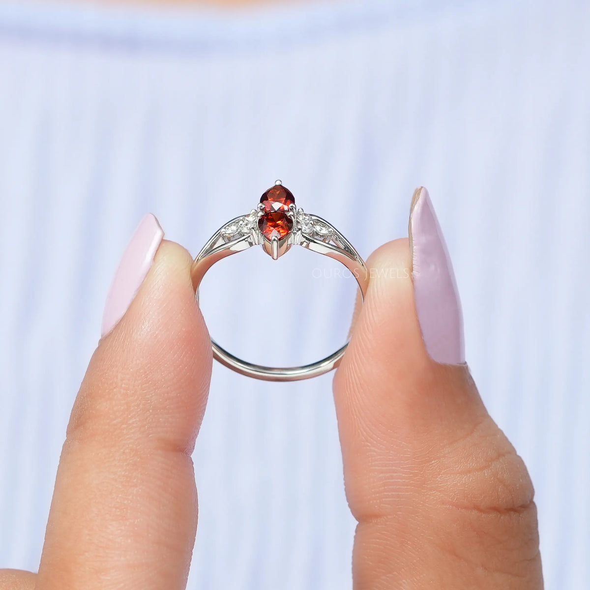 Two Stone Red Pear Diamond Dainty Ring