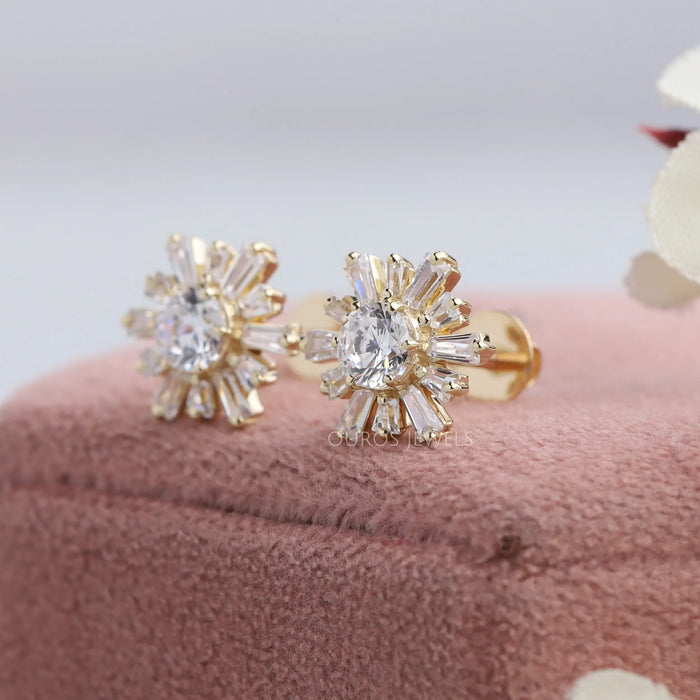 [14K Gold & Diamond Baguette Stud Earrings]-[Ouros Jewels]