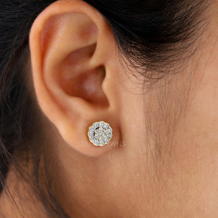 [Round Cluster Diamond Stud Earrings Ear View]-[Ouros Jewels]