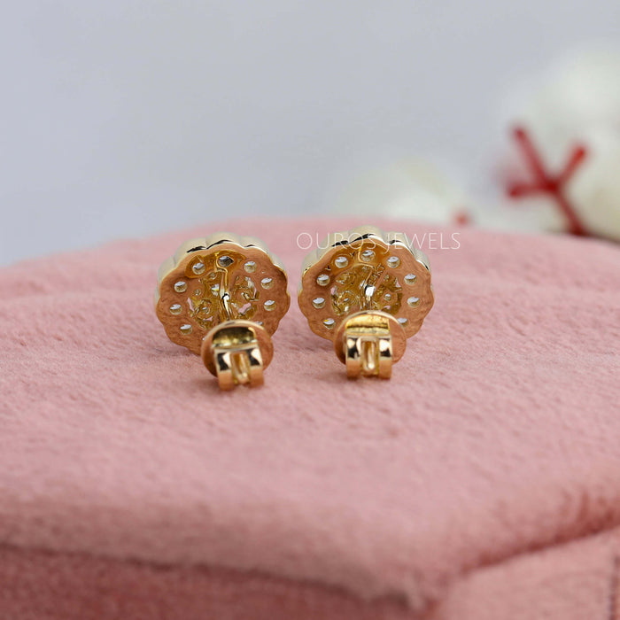 [Back View Of Round Cluster Diamond Stud Earrings]-[Ouros Jewels]
