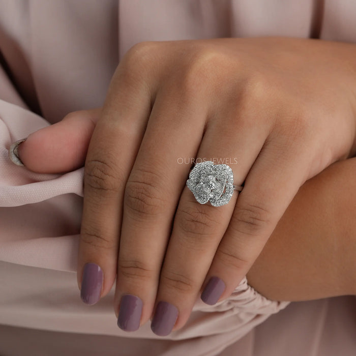 [A Women wearing Round Rose Shaped Pave Set Ring]-[Ouros Jewels]