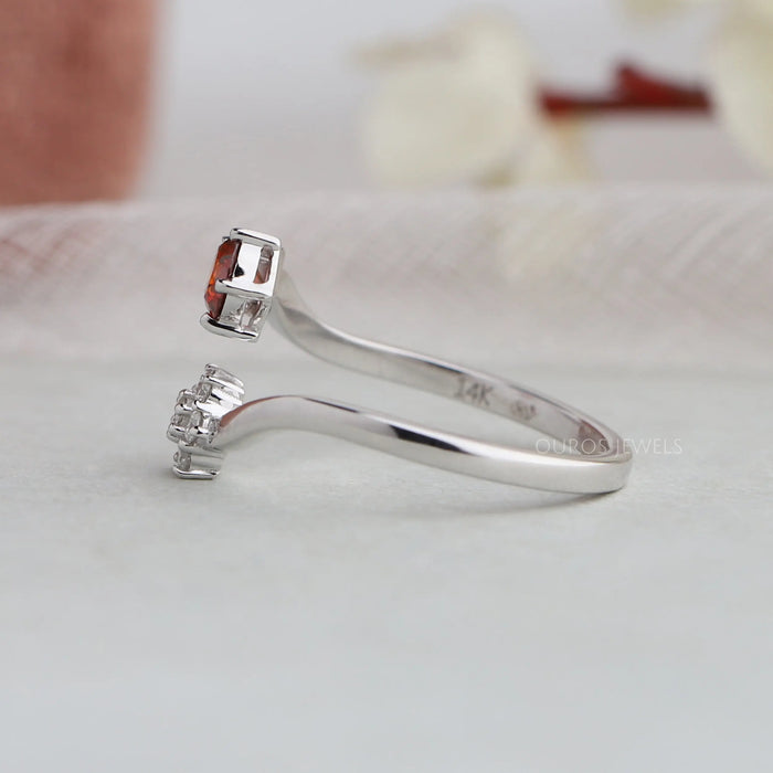 14k white gold curved bypass shank diamond engagement ring with red round brilliant cut lab diamond
