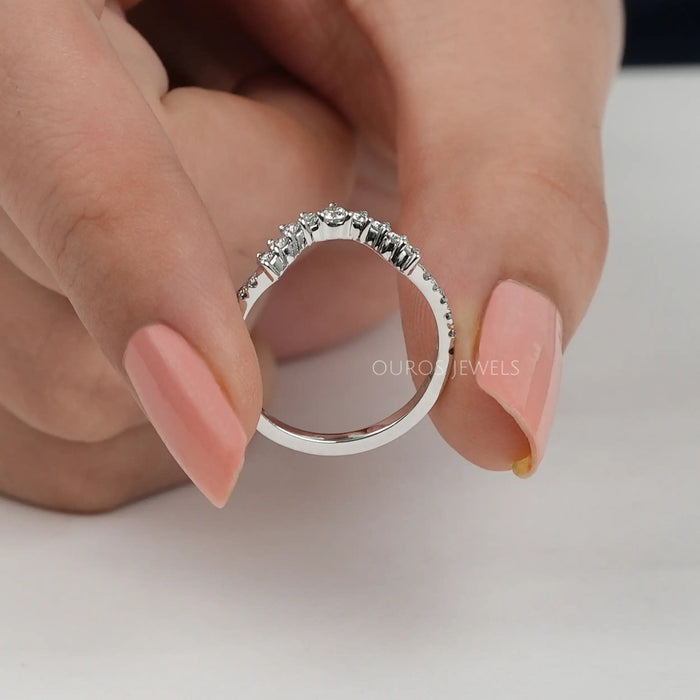 Nesting diamond wedding band made with round cut lab made diamonds