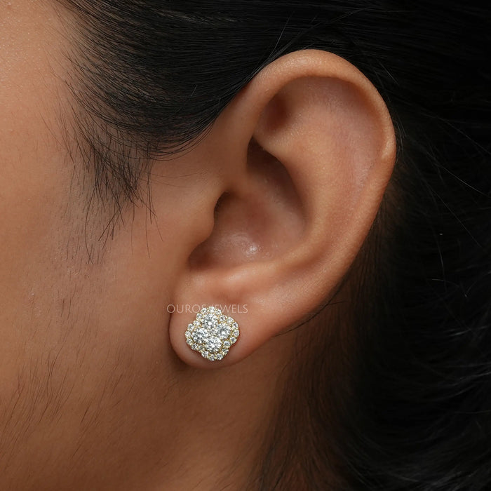 [A Women wearing Round Cut Lab Diamond Stud Earrings]-[Ouros Jewels]