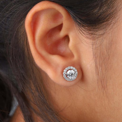 Round cut halo diamond stud earring