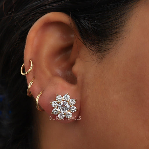 [Ear View of Round Cut Halo Jacket Stud Earring]-[Ouros Jewels]