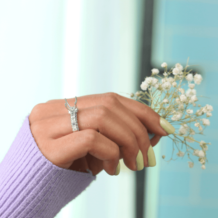 Semi Mount Baguette Cut Accent Diamond Engagement Ring