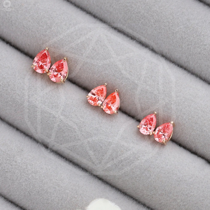[Front View of Pink Pear Diamond Studs]-[Ouros Jewels]